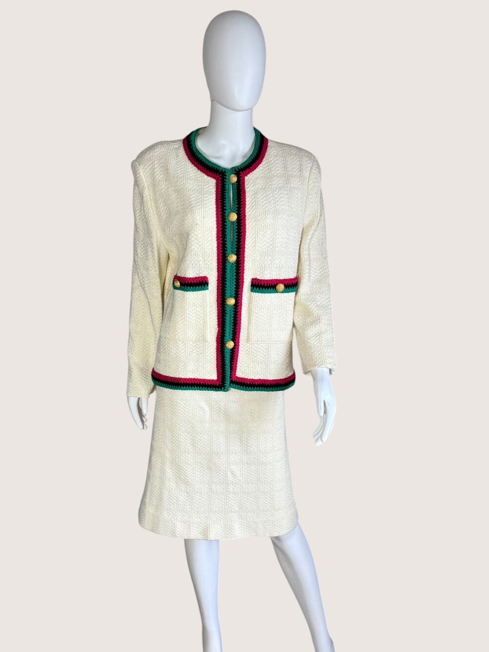 Vintage Ivory Textured Knit Jacket & Skirt Suit Set